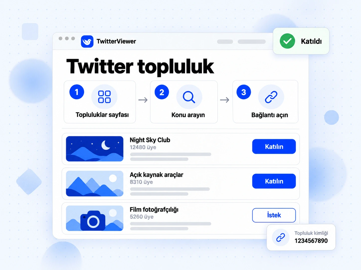 Twitter topluluk sayfasında grup bulmanın üç yolu (sayfa, arama, bağlantı) ve Katıl düğmeleriyle grup listesi
