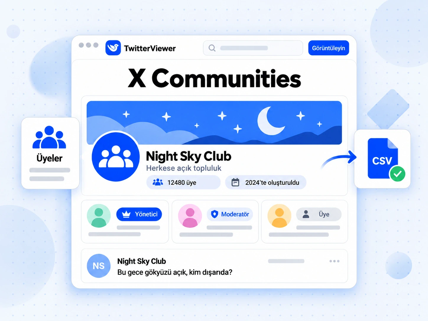 Night Sky Club grubunun yönetici, moderatör ve üye rollerini ve CSV dosyasını gösteren X Communities sayfası