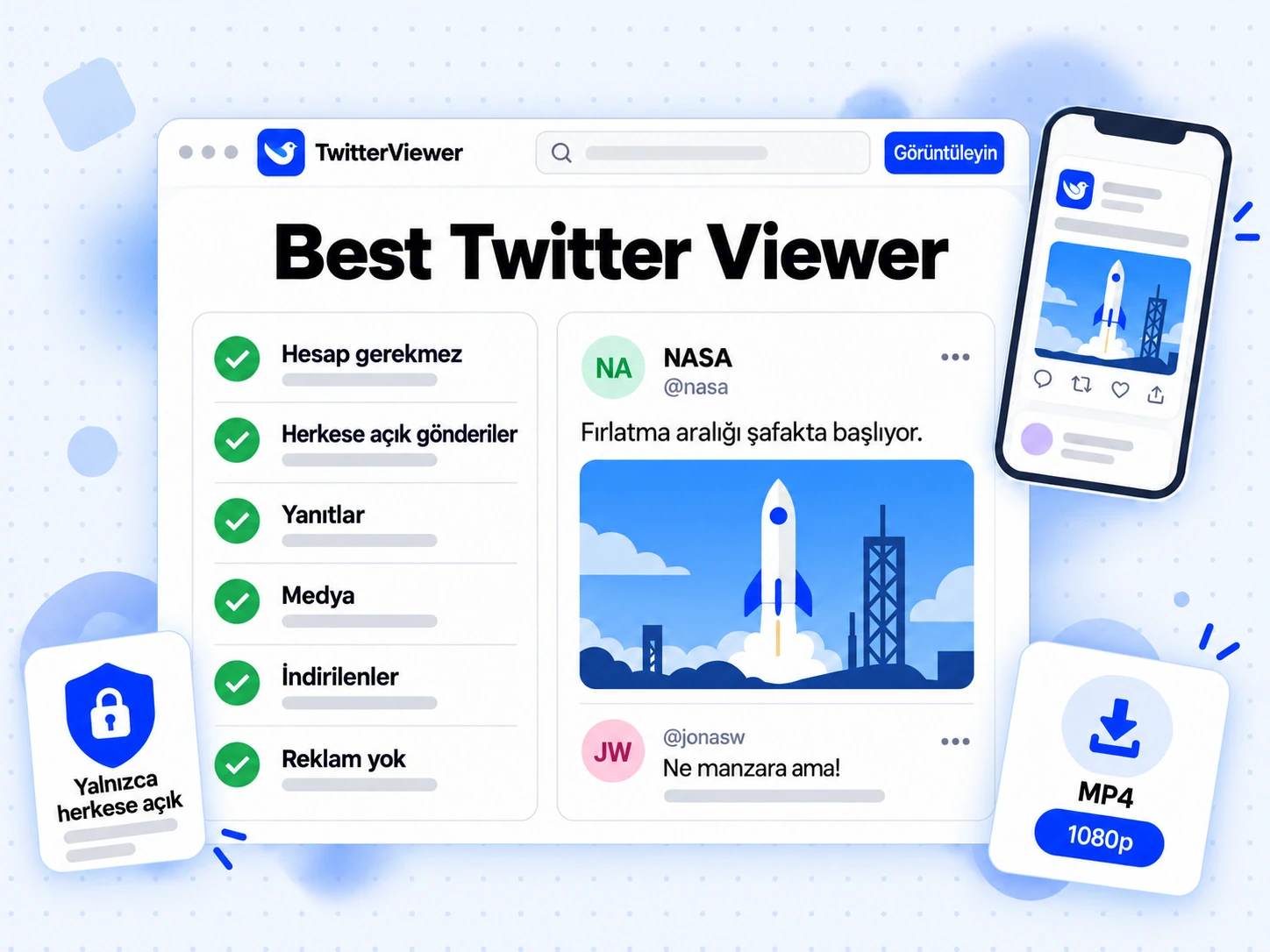 Best Twitter Viewer kontrol listesi: hesap gerekmez; herkese açık gönderiler, yanıtlar, medya ve indirmeler bir arada