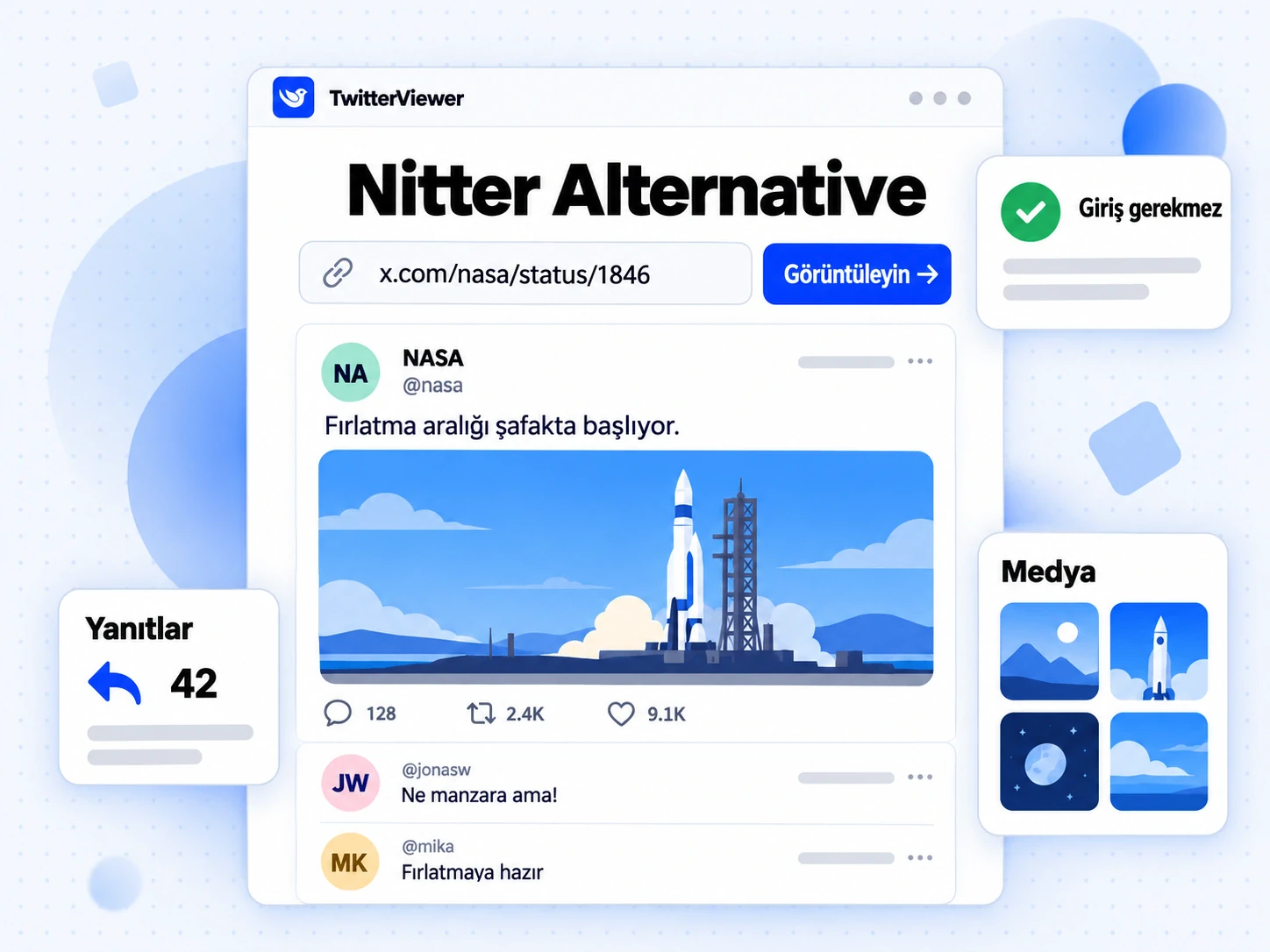 Nitter Alternative ekranında yapıştırılmış X gönderisi bağlantısı, profil sonucu ve giriş gerektirmez rozeti