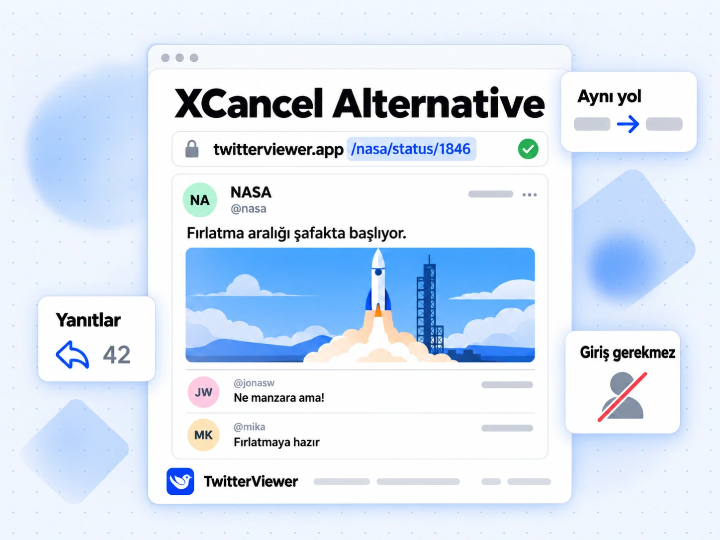 XCancel Alternative: XCancel bağlantısı TwitterViewer'da aynı yola çevrilir; gönderi yanıtlarıyla açılır