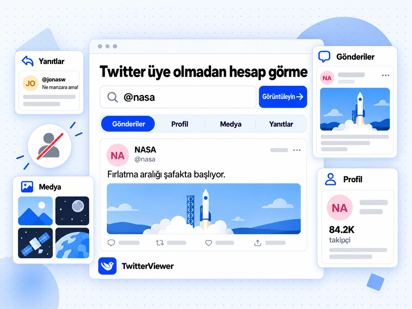 Twitter üye olmadan hesap görme başlıklı TwitterViewer ekranı: @nasa araması, dört sekme ve NASA gönderisi