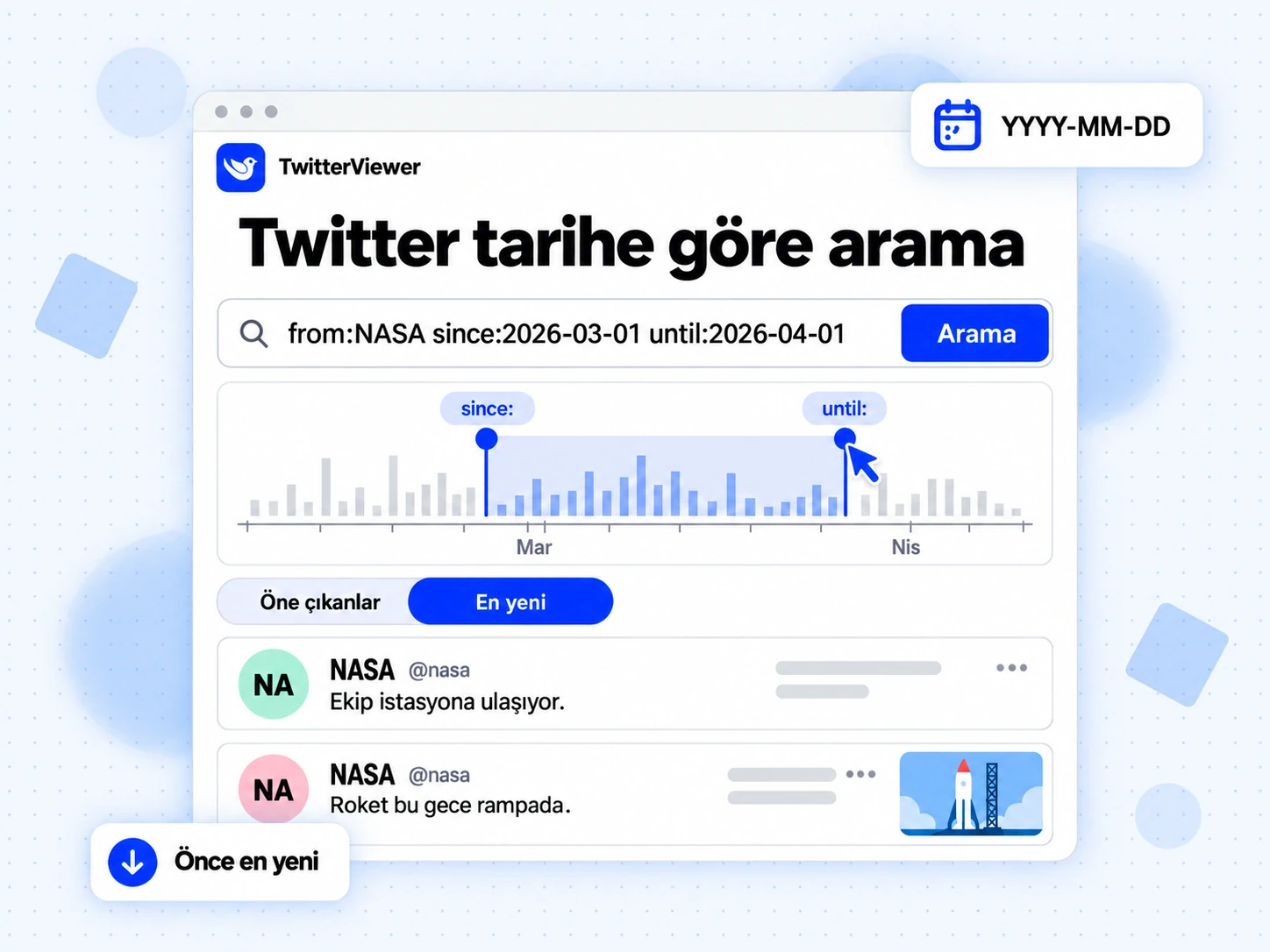 Mart çevresinde since: ve until:, sorgu ve En son sekmesiyle Twitter tarihe göre arama zaman çizelgesi