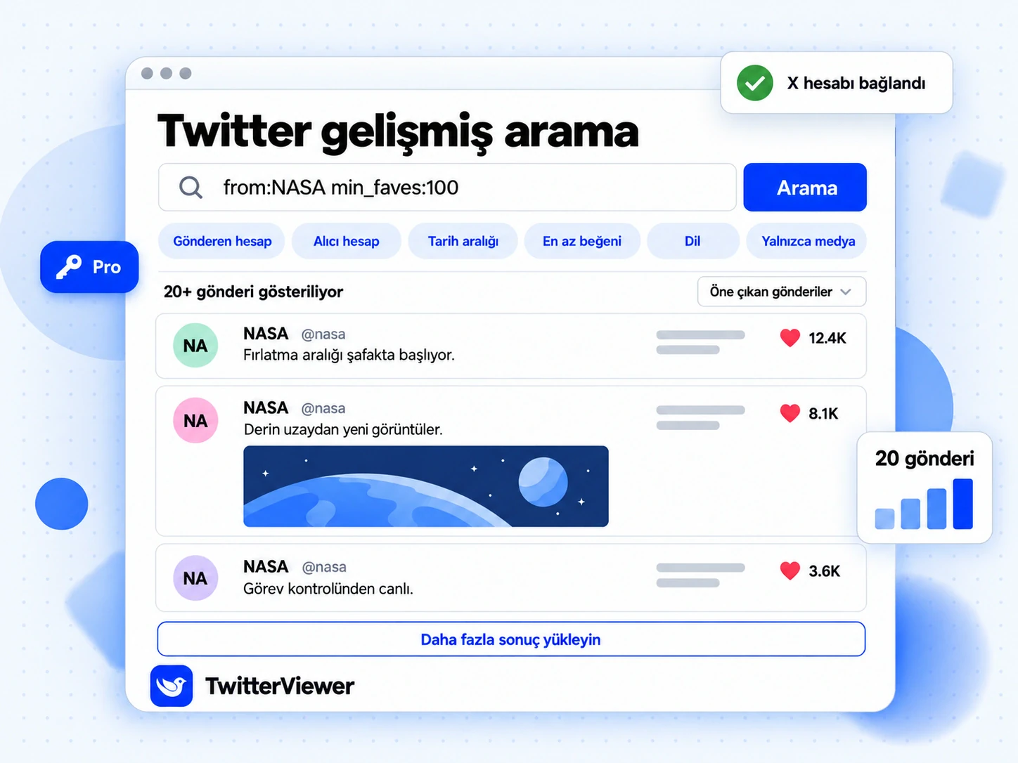 Twitter gelişmiş arama kutusunda from:NASA min_faves:100 sorgusu, işleç düğmeleri ve eşleşen gönderi kartları