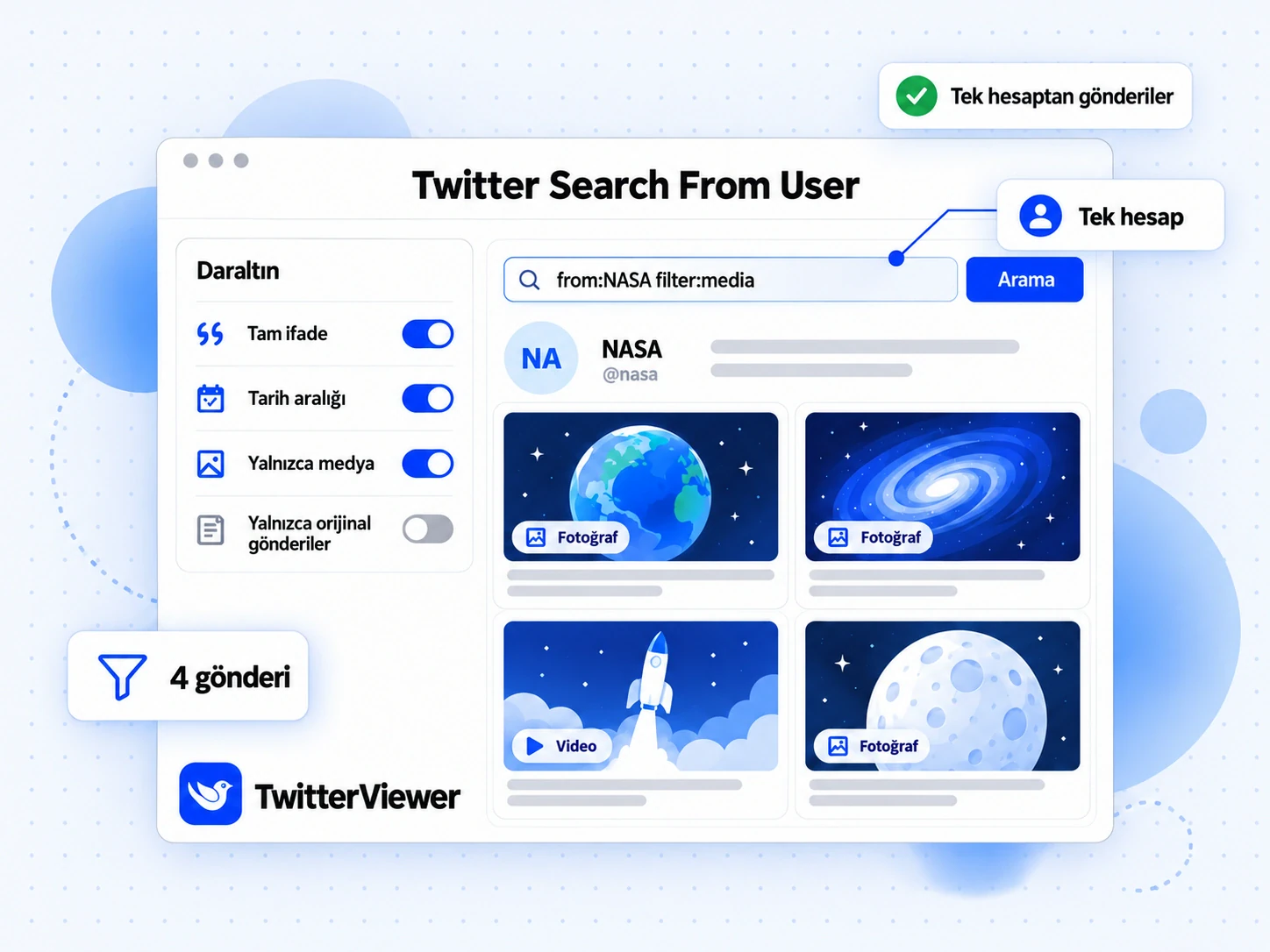 Twitter Search From User: from:NASA filter:media sonuçları ve bir hesabın gönderilerini daraltan seçenekler