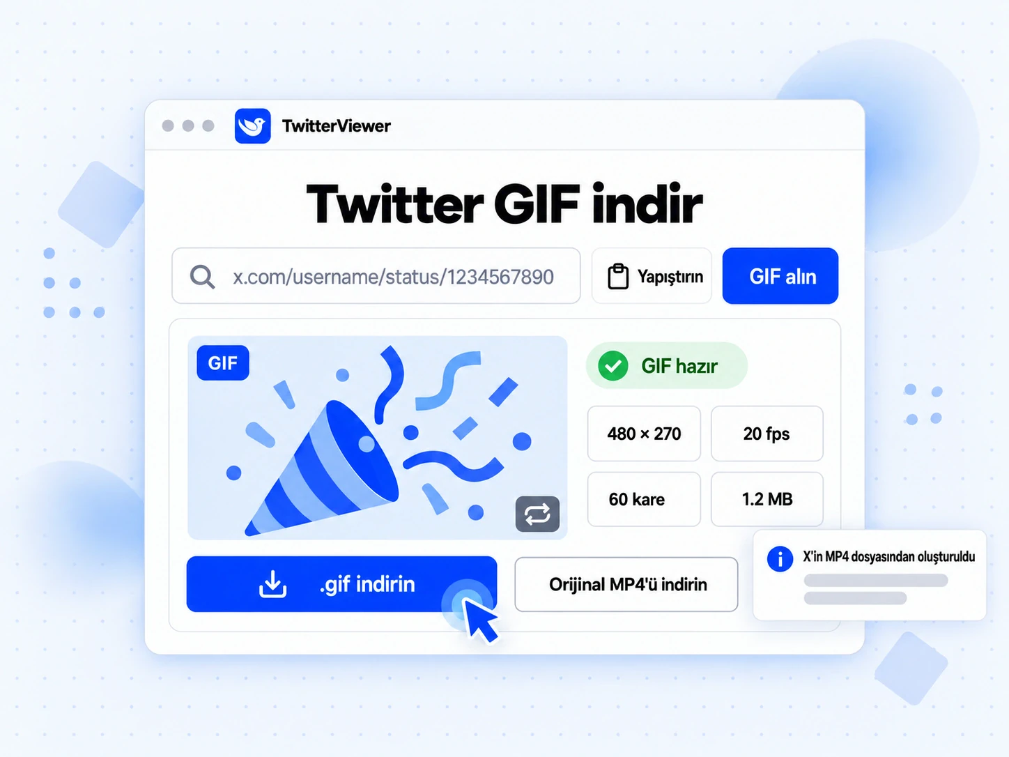 Twitter GIF indir sonucu: GIF önizlemesi, 480 × 270 boyut bilgisi, .gif ve orijinal MP4 indirme düğmeleri