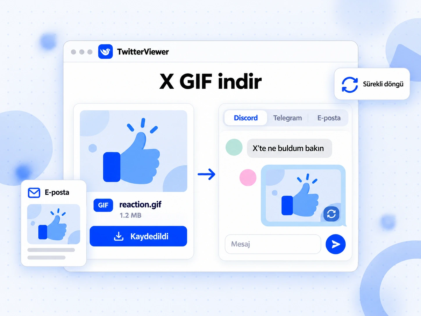 X GIF indir ile alınan reaction.gif dosyasının Discord sohbetinde ve e-postada hareketli GIF olarak gönderilmesi
