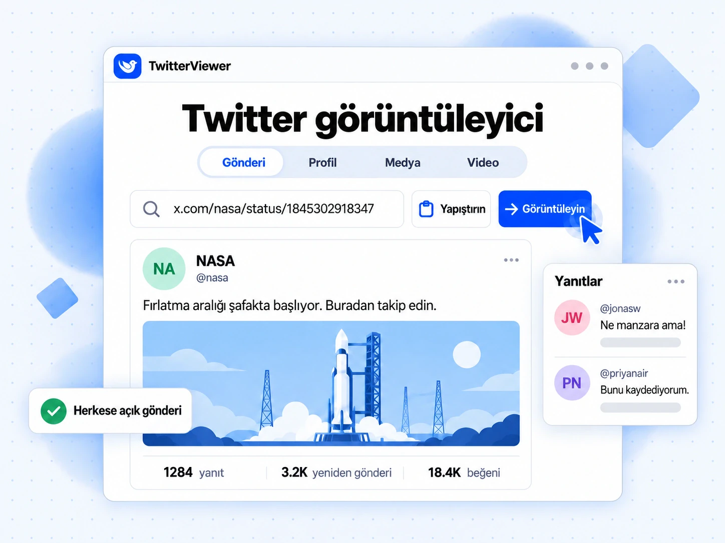 Twitter görüntüleyici: yapıştırılan bağlantıyla açılan NASA gönderisi, roket görseli, istatistikler ve yanıt kartı