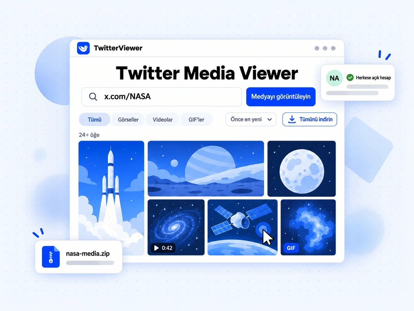 Twitter Media Viewer: tür filtreleri, sıralama ve tümünü indirme özellikleriyle hesabın fotoğraf, video ve GIF galerisi