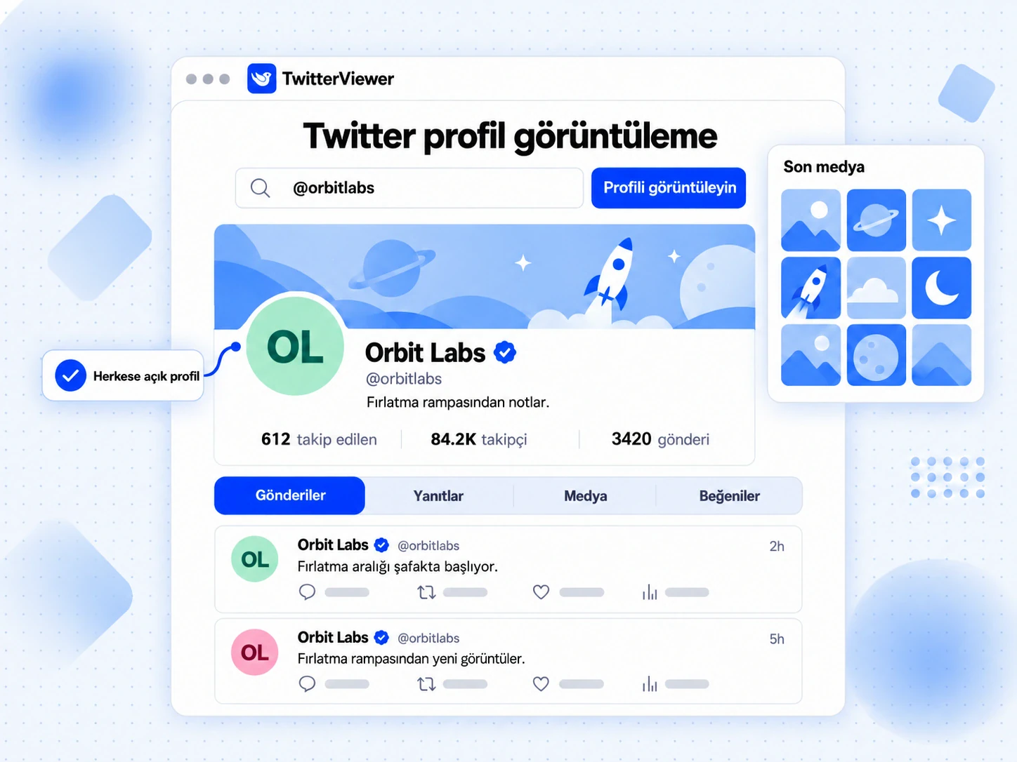 Twitter profil görüntüleme sonucu: herkese açık profil başlığı, takipçi sayıları, sekmeler ve son medya