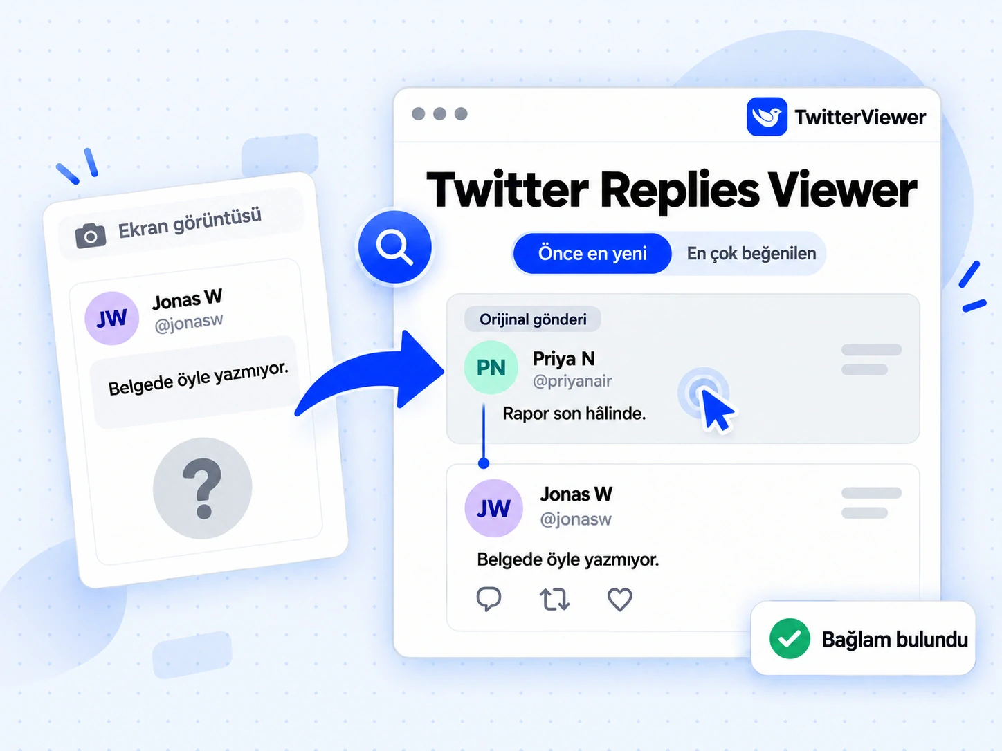 Twitter Replies Viewer ile bağlamı olmayan bir yanıtın ekran görüntüsünün arkasındaki asıl gönderi