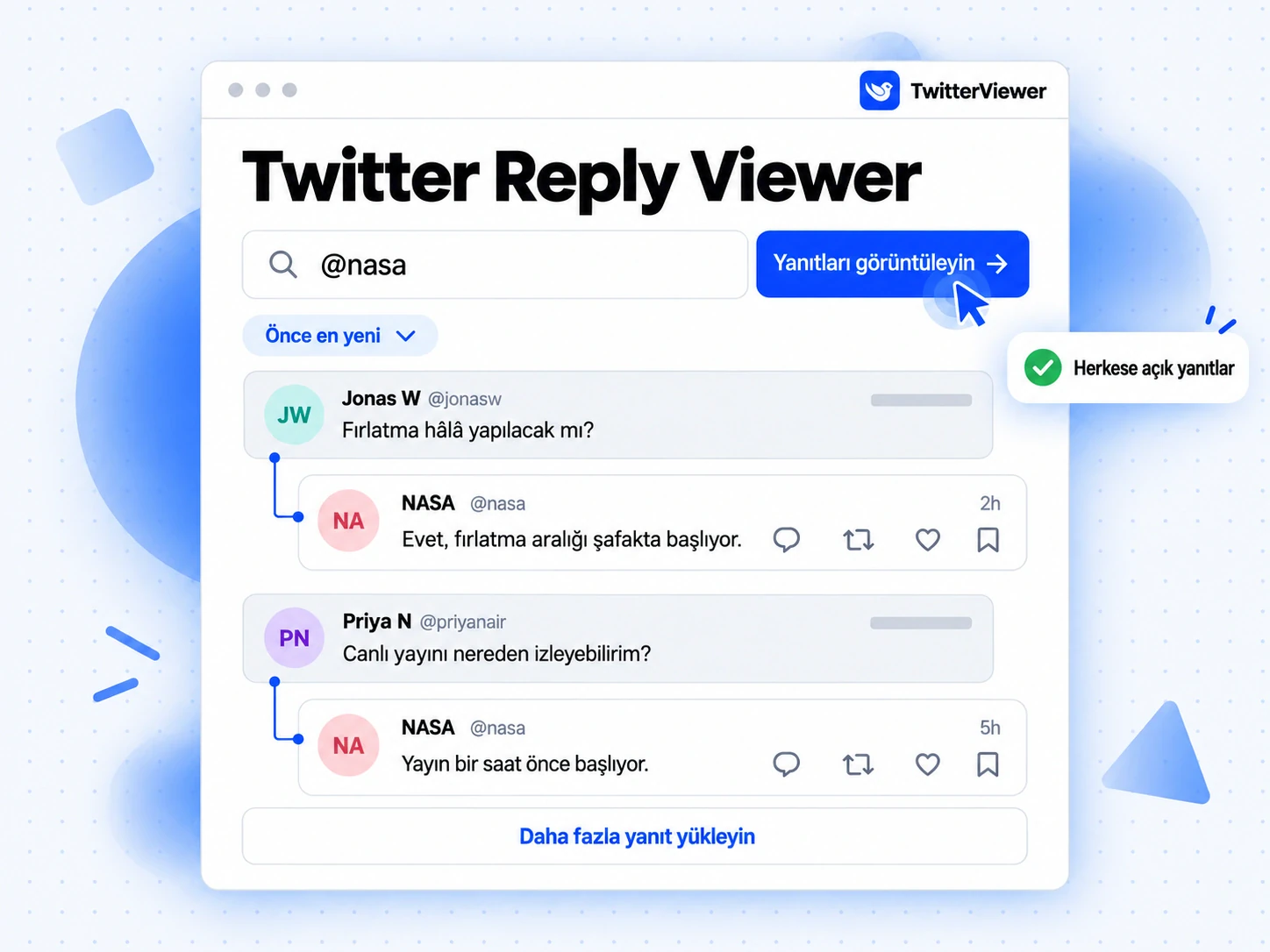 Twitter Reply Viewer ile @nasa'nın yanıtları, her biri yanıt verdiği gönderinin altında