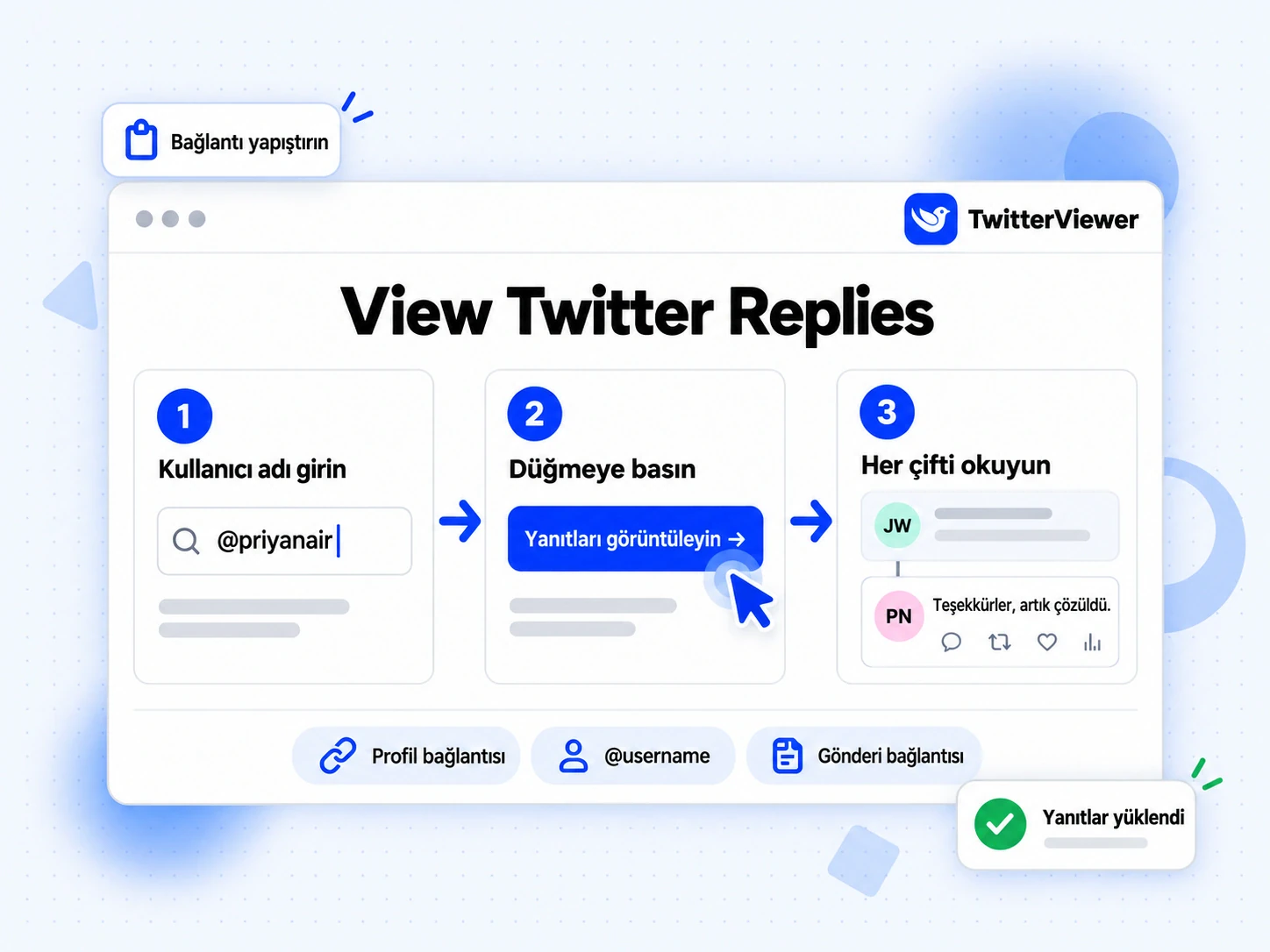 View Twitter Replies için üç adım: kullanıcı adı girin, Yanıtları görüntüleyin'e basın, her çifti okuyun