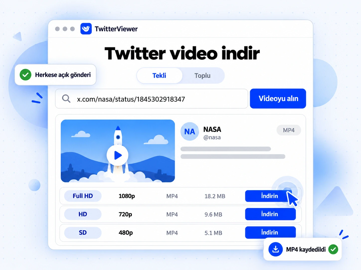 Twitter video indir sonuç kartında roket videosu ve Full HD, HD, SD MP4 indirme seçenekleri tablosu