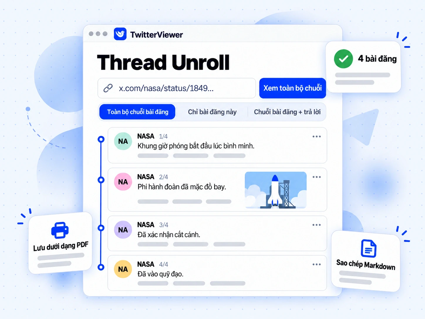 Màn hình Thread Unroll: dán liên kết bài đăng X, xem toàn bộ chuỗi được đánh số theo thứ tự trên một trang