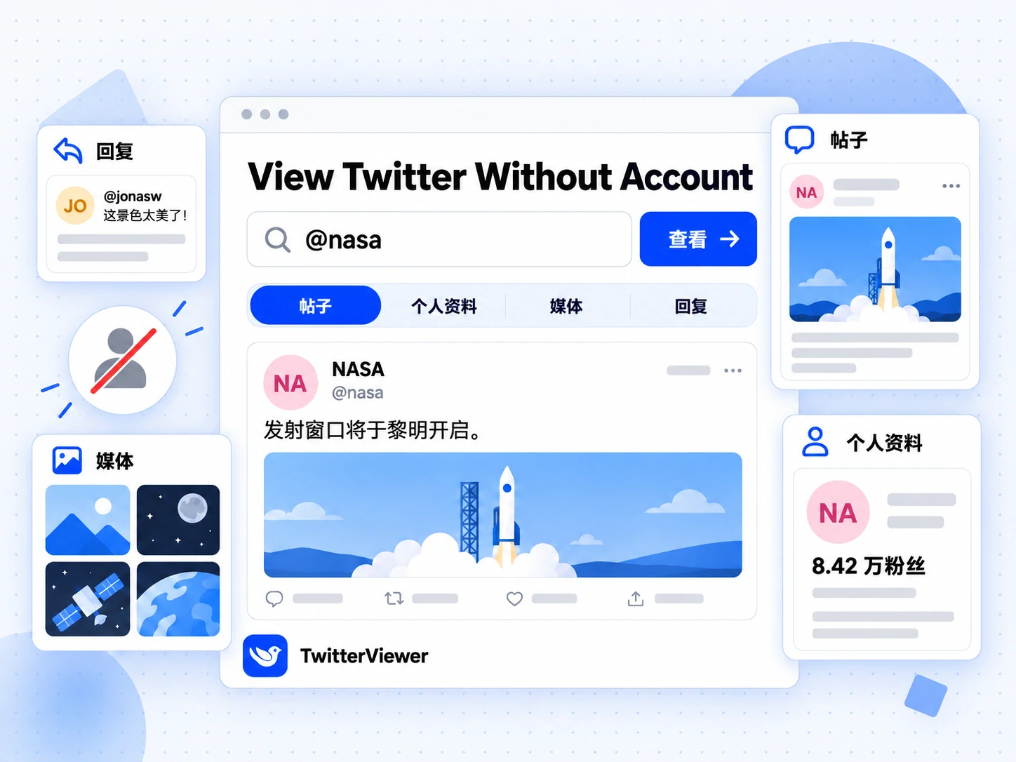 TwitterViewer 的 View Twitter Without Account 页面展示 @nasa 查询、四个标签页和 NASA 帖子