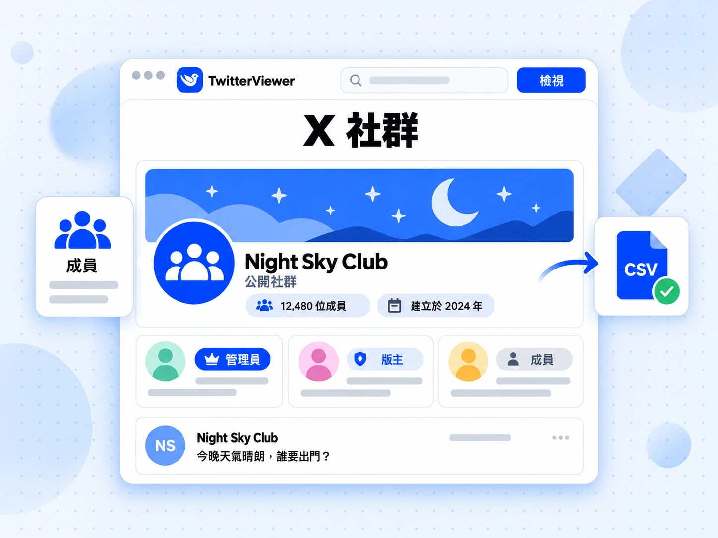 X 社群 Night Sky Club 頁面顯示管理員、版主與成員角色，以及 CSV 匯出檔案