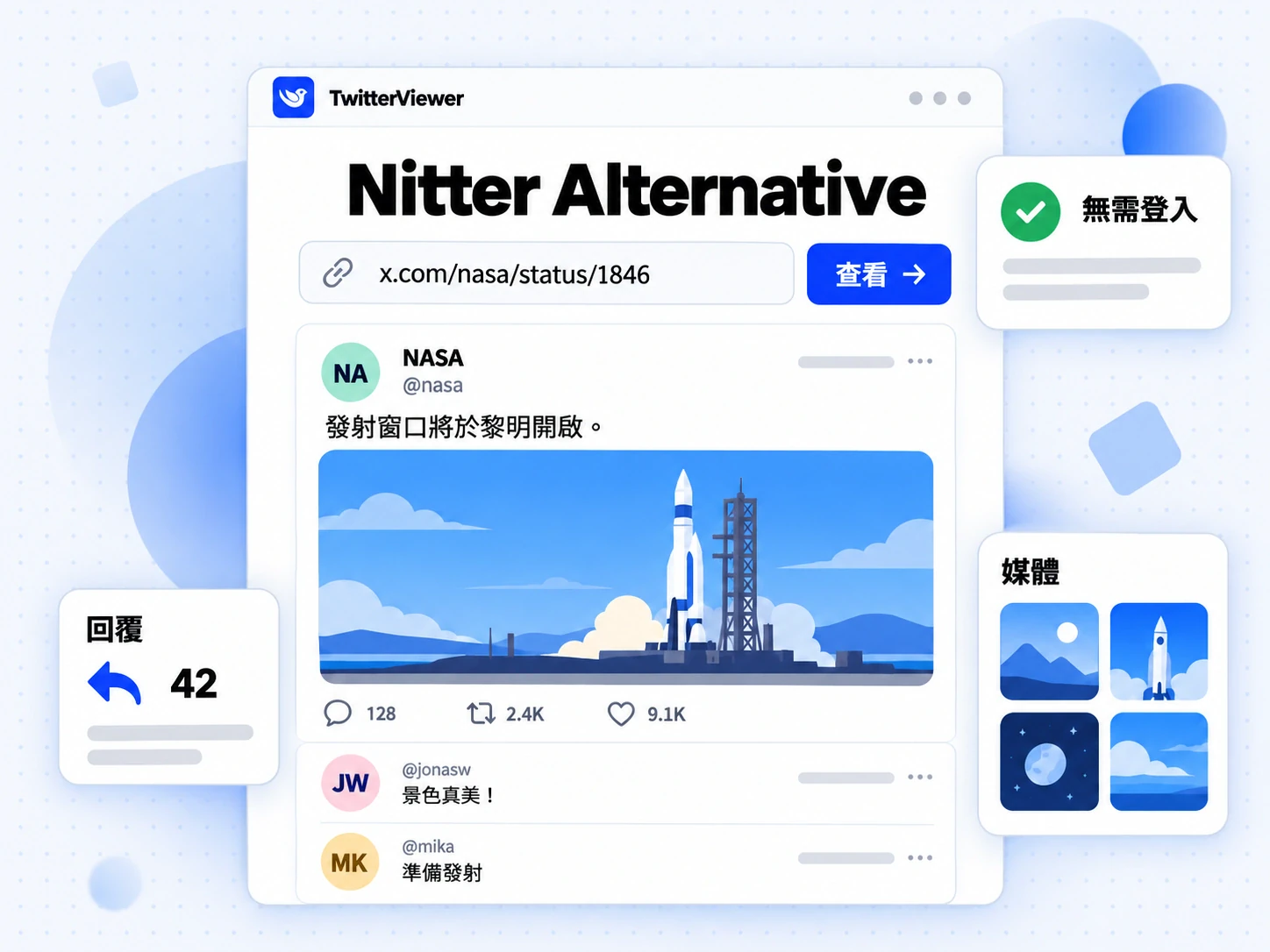 Nitter Alternative 畫面，已貼上 X 貼文連結，並顯示個人檔案結果與免登入標章