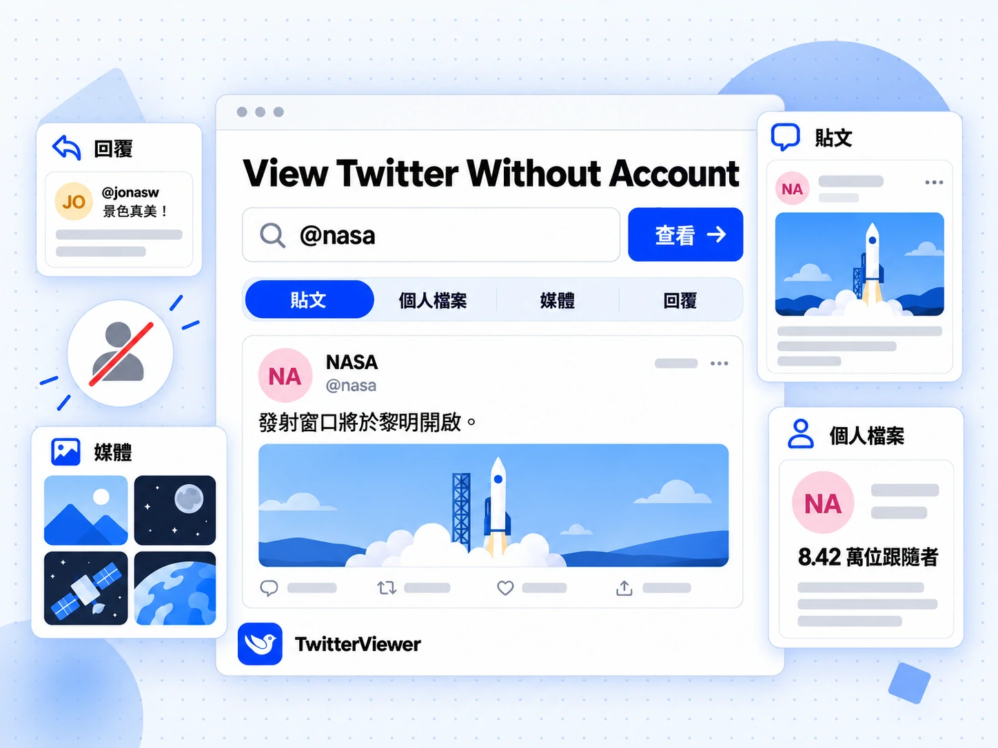 TwitterViewer 的 View Twitter Without Account 主畫面含 @nasa 查詢、四個分頁與 NASA 貼文